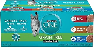 Purina ONE Grain Free, Natural Pate Wet Cat Food Variety Pack, Beef, Chicken and Ocean Whitefish Recipes - (2 Packs of 12) 3 oz. Pull-Top Cans