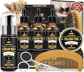 FULLLIGHT TECH Beard Grooming Kit,Beard Kit with 3 Pack Sandalwood Beard Oil,Beard Brush,Beard Balm,Wash,Comb,Scissors for After Shave Beard Care,Christmas Mens Gifts Stocking Stuffer