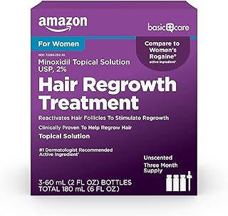 Amazon Basic Care Minoxidil Topical Solution USP, 2% Hair Regrowth Treatment for Women, 3-Month Supply, Unscented, 2 fl oz (Pack of 3)