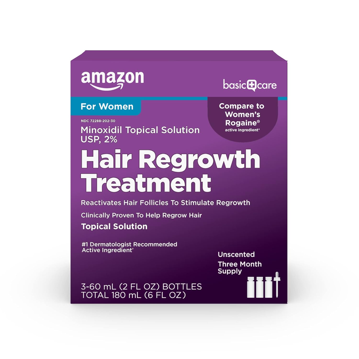 Amazon Basic Care Minoxidil Topical Solution USP, 2% Hair Regrowth Treatment for Women, 3-Month Supply, Unscented, 2 fl oz (Pack of 3)-0