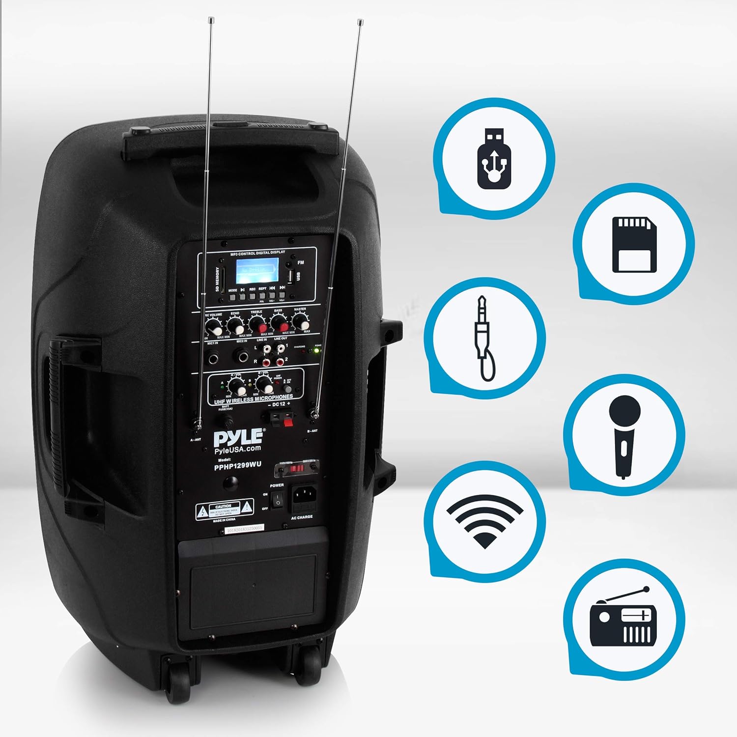 Pyle PPHP1299WU.5 Karaoke Portable PA Speaker System - 1000W Active Powered Wireless Bluetooth Compatible Outdoor Speaker W/Rechargeable Battery, Wheels, USB MP3 RCA, 2 UHF Microphone, Remote, Black-1