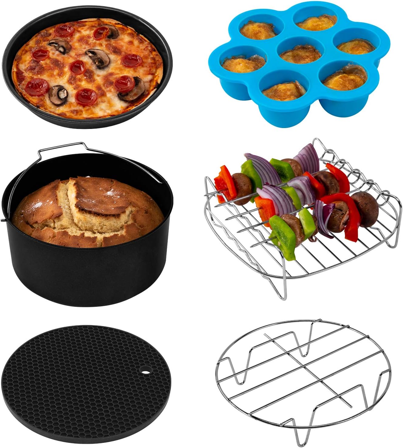 COSORI Air Fryer Accessories, Set of 6 Perfect for Most 5.0 Qt and Larger Ovens, Cake & Pizza Pan, Metal Holder, Rack & Skewers, etc, BPA Free, Nonstick, Dishwasher Safe, 5.8 QT, Black-0