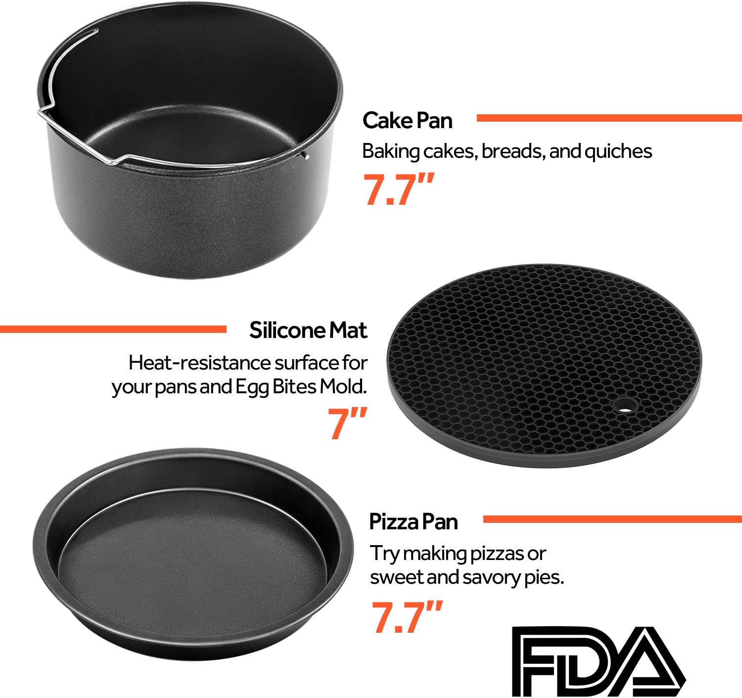 COSORI Air Fryer Accessories, Set of 6 Perfect for Most 5.0 Qt and Larger Ovens, Cake & Pizza Pan, Metal Holder, Rack & Skewers, etc, BPA Free, Nonstick, Dishwasher Safe, 5.8 QT, Black-3