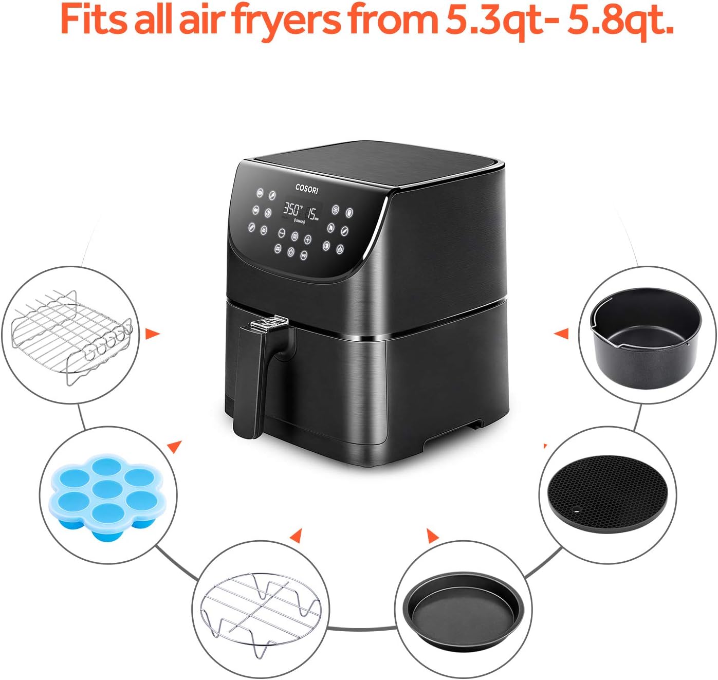 COSORI Air Fryer Accessories, Set of 6 Perfect for Most 5.0 Qt and Larger Ovens, Cake & Pizza Pan, Metal Holder, Rack & Skewers, etc, BPA Free, Nonstick, Dishwasher Safe, 5.8 QT, Black-4