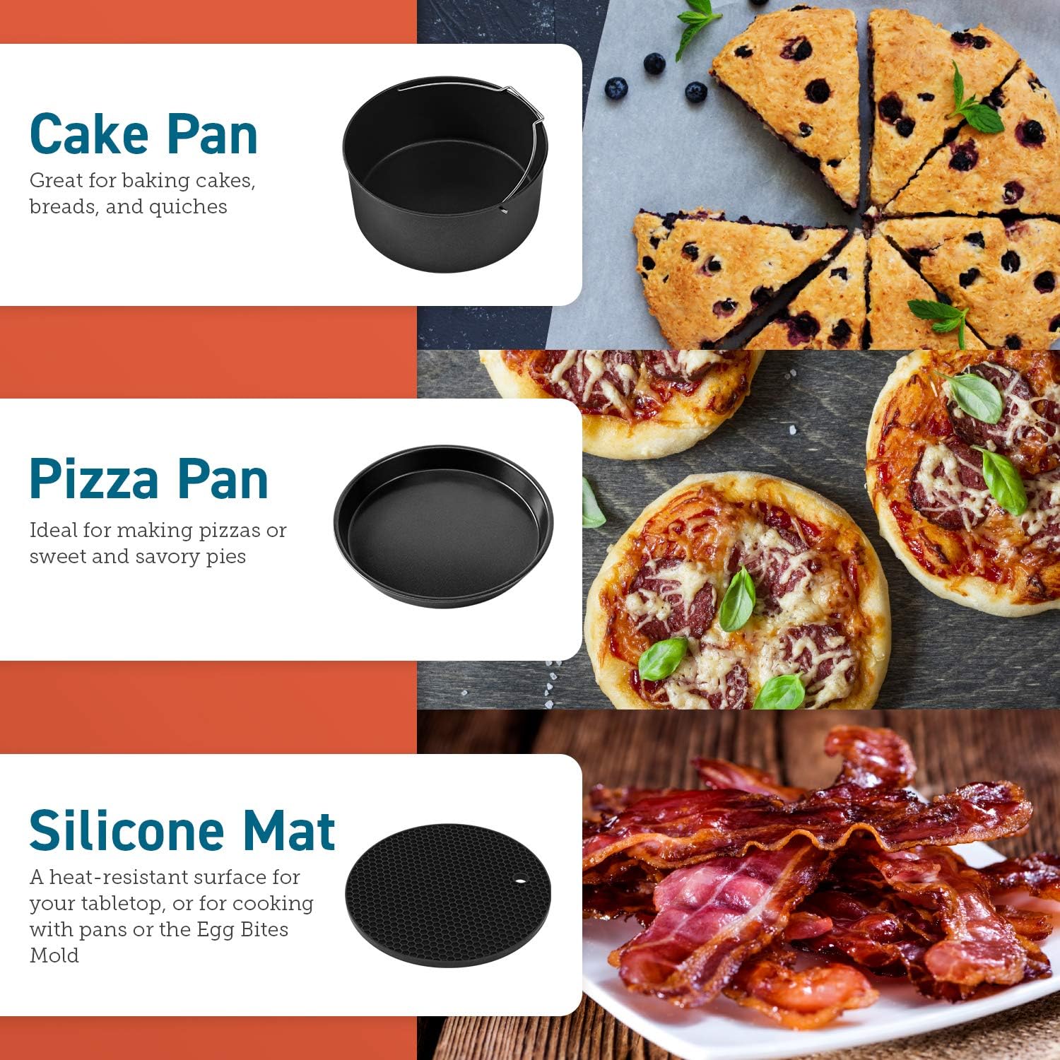 COSORI Air Fryer Accessories, Set of 6 Perfect for Most 5.0 Qt and Larger Ovens, Cake & Pizza Pan, Metal Holder, Rack & Skewers, etc, BPA Free, Nonstick, Dishwasher Safe, 5.8 QT, Black-6