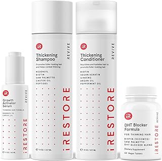 iRestore Max Growth Bundle includes our DHT Blocker Formula Supplement, Growth Activator Serum, Thickening Shampoo, and Conditioner to Combat Thinning and Promote Growth