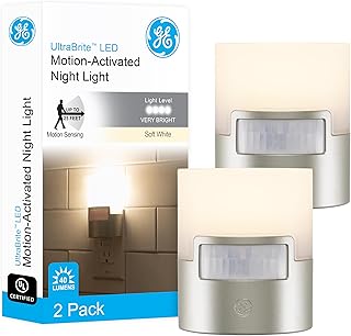 GE LED Motion Sensor Night Light, Plug into wall, 40 Lumens, Soft White, UL-Certified, Energy Efficient, Ideal Nightlight for Bedroom, Bathroom, Kitchen, Hallway, 46633, Silver, 2 Pack