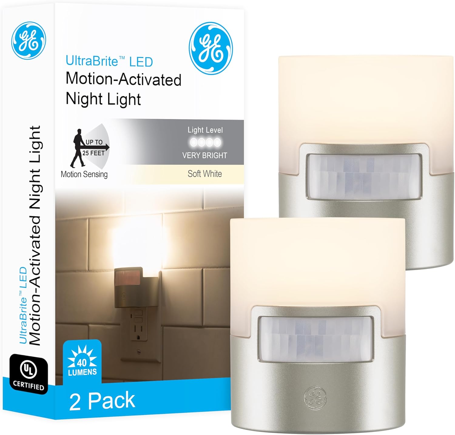 GE LED Motion Sensor Night Light, Plug into wall, 40 Lumens, Soft White, UL-Certified, Energy Efficient, Ideal Nightlight for Bedroom, Bathroom, Kitchen, Hallway, 46633, Silver, 2 Pack-0