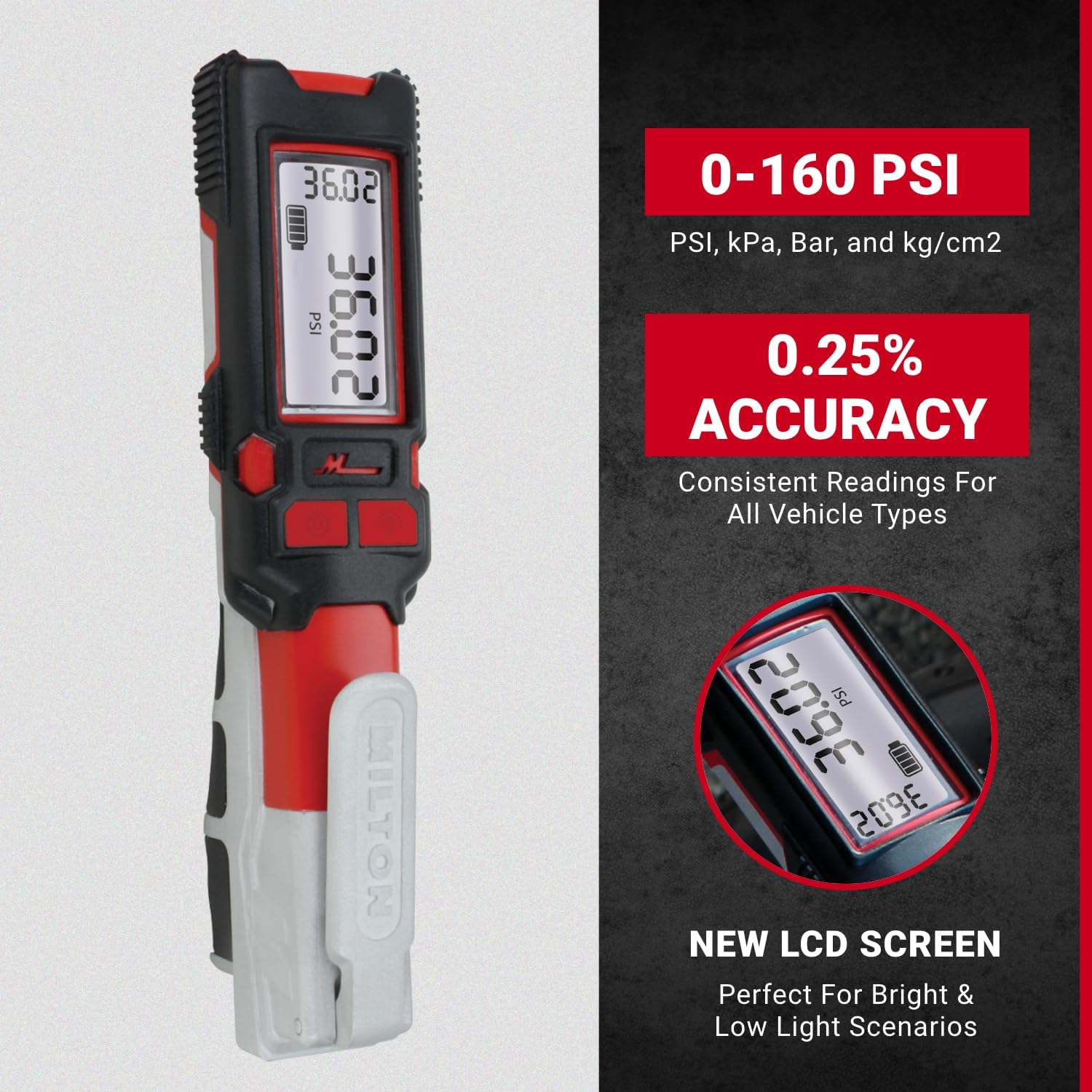 Milton Precision Digital Tire Pressure Gauge S-580ekit, Made In USA Most Accurate Inflator Gauge Available, Perfect for Professional Technicians, Easy to Read Display, 0-160 PSI Pressure Range, Red-1