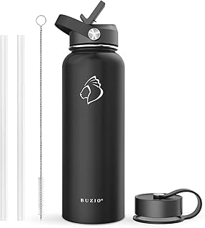 BUZIO 40oz Insulated Water Bottle, Triple Wall Vacuum Stainless Steel Water Flask with 2 lids, Lead-Free BPA-Free Straw Lid Sports Canteen Jug, Cold 48H & Hot 24H- Black