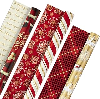 Hallmark Christmas Wrapping Paper Rolls - Traditional Holiday Gift Wrap Paper (Set of 3 Reversible Rolls: 120 sq. ft. ttl.) Red and Gold Snowflakes, Stripes, Plaid, Santa's Sleigh