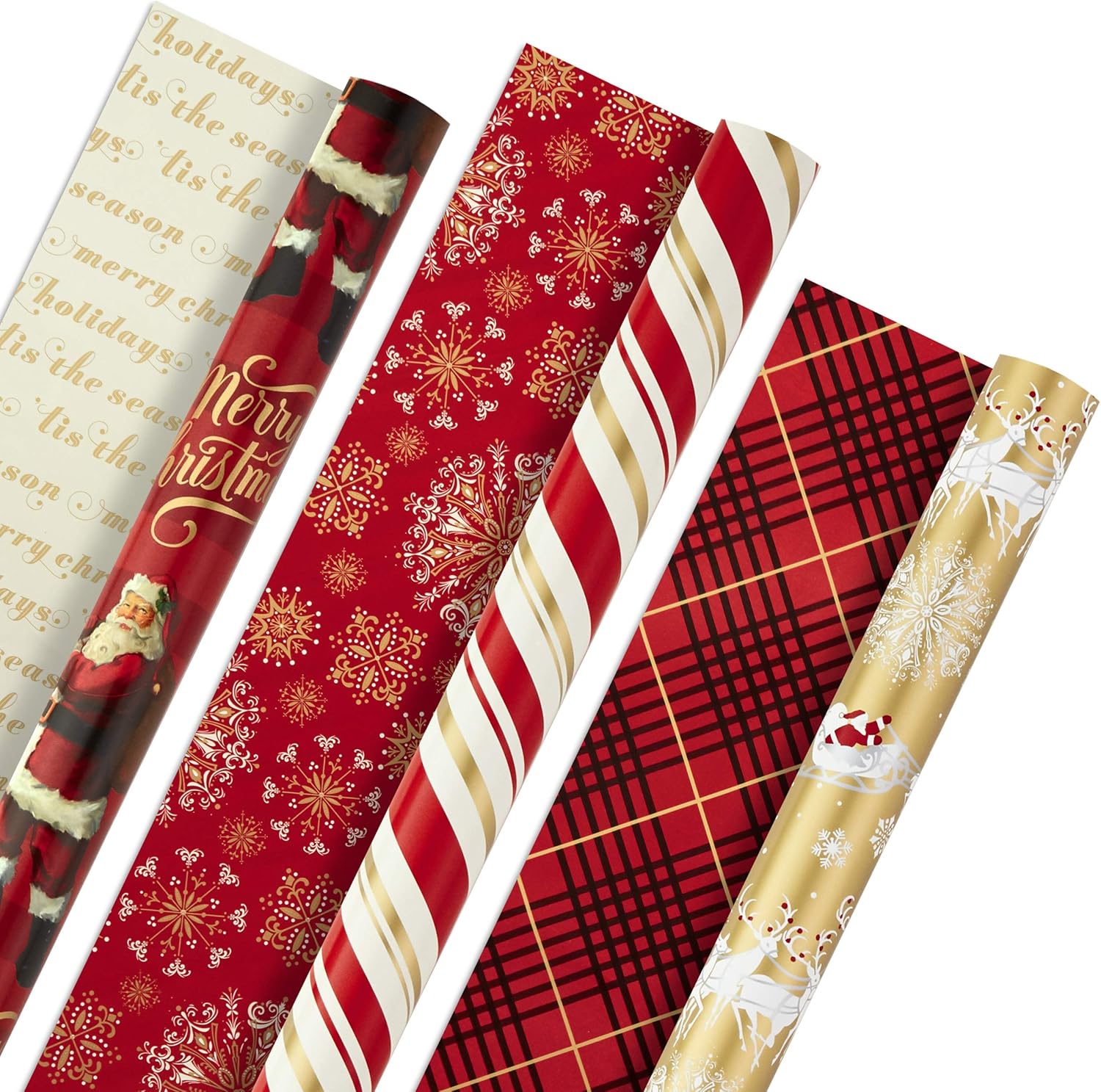 Hallmark Christmas Wrapping Paper Rolls - Traditional Holiday Gift Wrap Paper (Set of 3 Reversible Rolls: 120 sq. ft. ttl.) Red and Gold Snowflakes, Stripes, Plaid, Santa's Sleigh-0