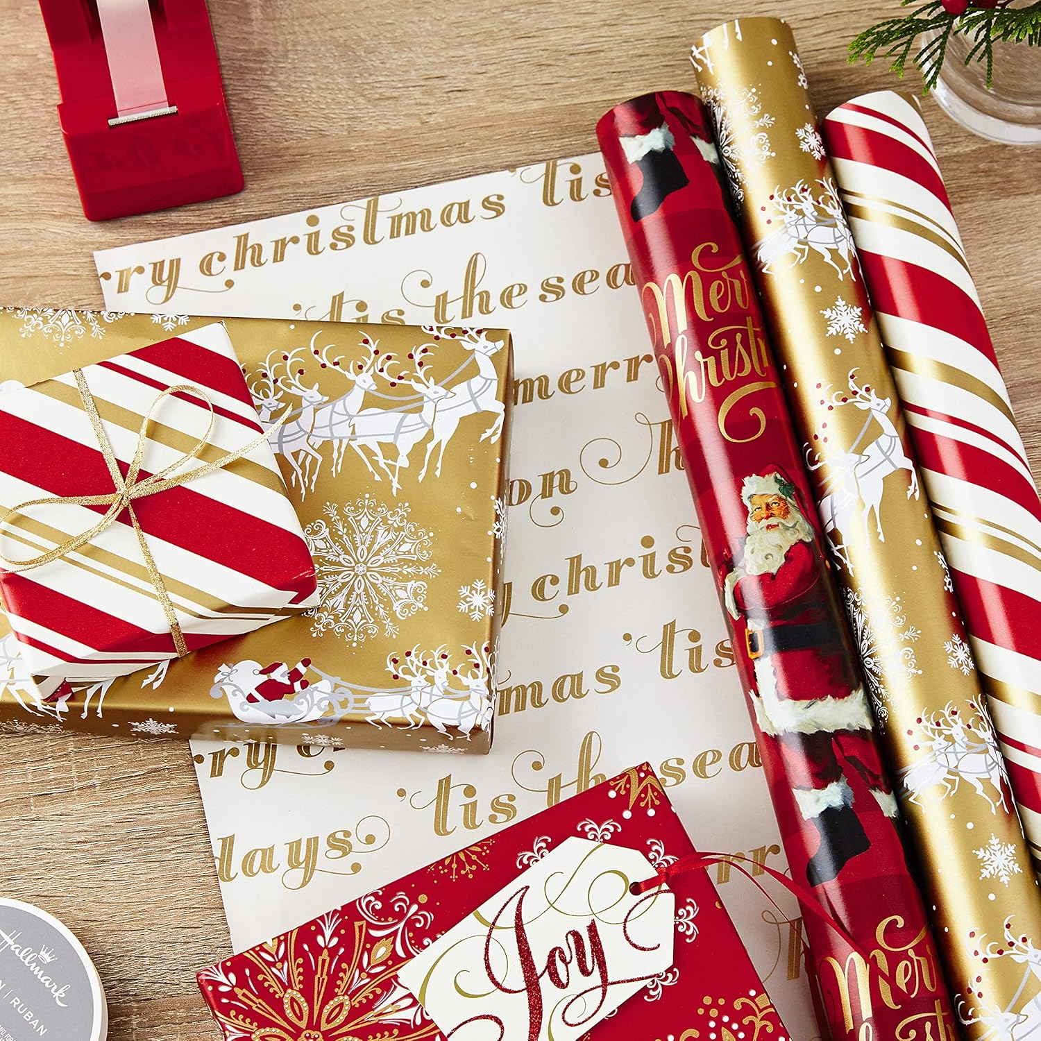 Hallmark Christmas Wrapping Paper Rolls - Traditional Holiday Gift Wrap Paper (Set of 3 Reversible Rolls: 120 sq. ft. ttl.) Red and Gold Snowflakes, Stripes, Plaid, Santa's Sleigh-1