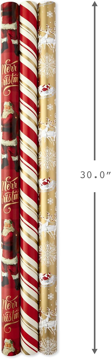 Hallmark Christmas Wrapping Paper Rolls - Traditional Holiday Gift Wrap Paper (Set of 3 Reversible Rolls: 120 sq. ft. ttl.) Red and Gold Snowflakes, Stripes, Plaid, Santa's Sleigh-2