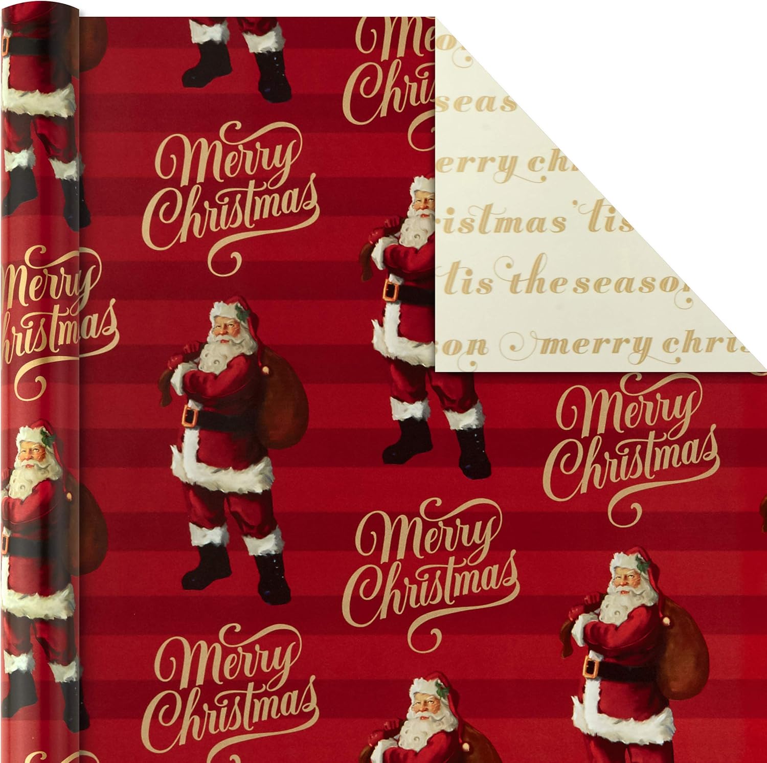 Hallmark Christmas Wrapping Paper Rolls - Traditional Holiday Gift Wrap Paper (Set of 3 Reversible Rolls: 120 sq. ft. ttl.) Red and Gold Snowflakes, Stripes, Plaid, Santa's Sleigh-3