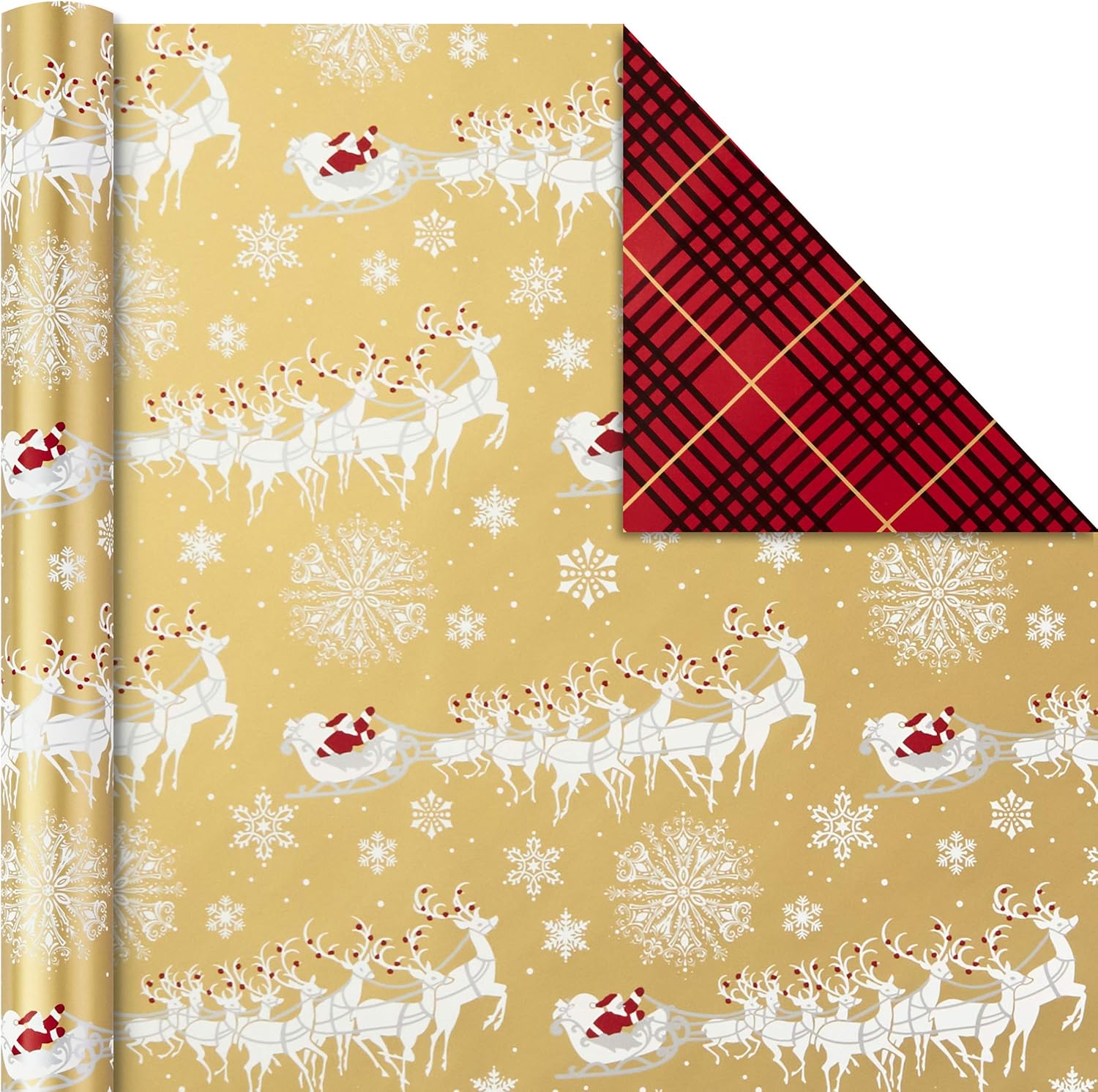 Hallmark Christmas Wrapping Paper Rolls - Traditional Holiday Gift Wrap Paper (Set of 3 Reversible Rolls: 120 sq. ft. ttl.) Red and Gold Snowflakes, Stripes, Plaid, Santa's Sleigh-5