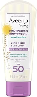 Aveeno Baby Continuous Protection Zinc Oxide Mineral Sunscreen Lotion for Sensitive Skin, Broad Spectrum SPF 50, Tear-Free, Sweat- & Water-Resistant, Paraben-Free, Travel-Size, 3 fl. oz