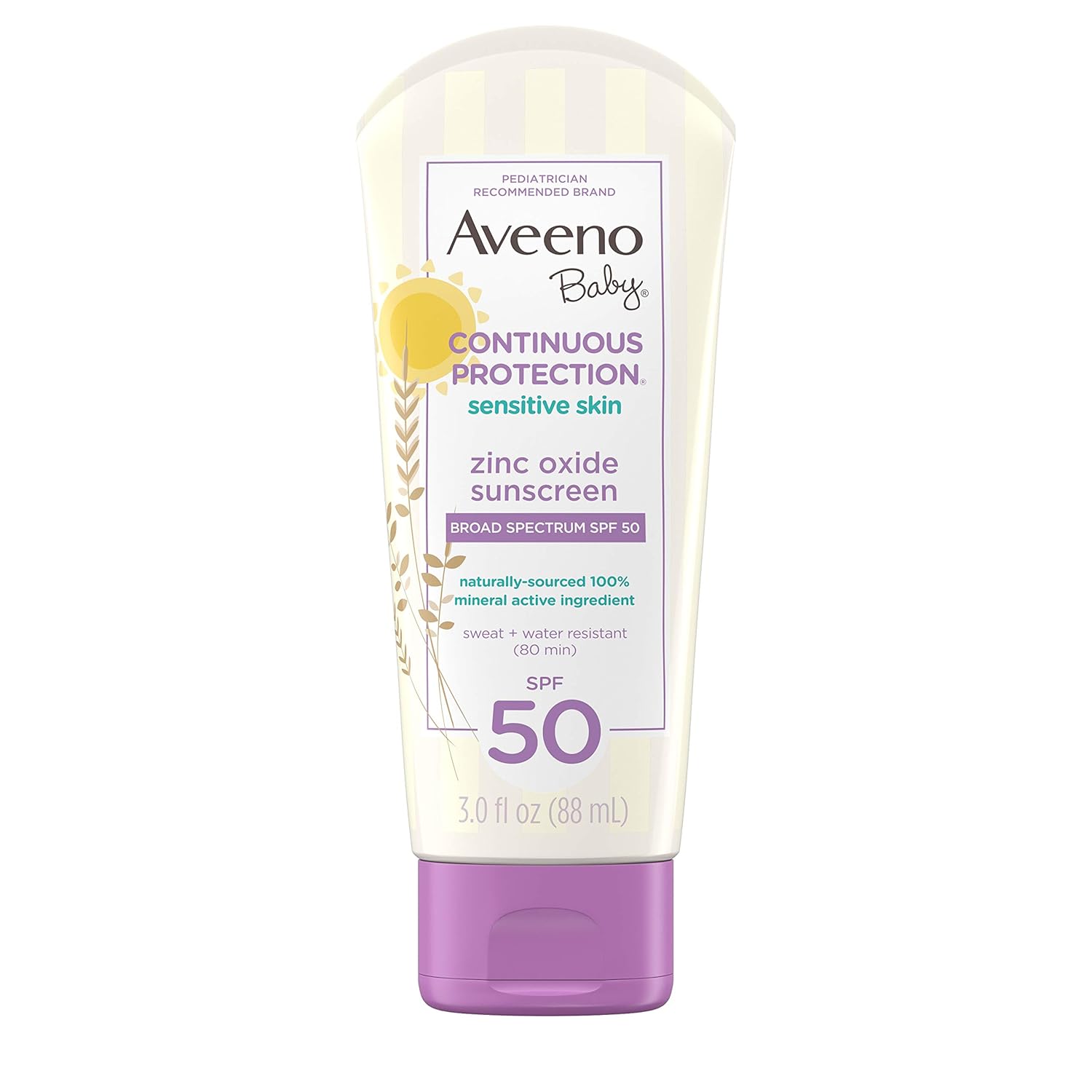 Aveeno Baby Continuous Protection Zinc Oxide Mineral Sunscreen Lotion for Sensitive Skin, Broad Spectrum SPF 50, Tear-Free, Sweat- & Water-Resistant, Paraben-Free, Travel-Size, 3 fl. oz-0