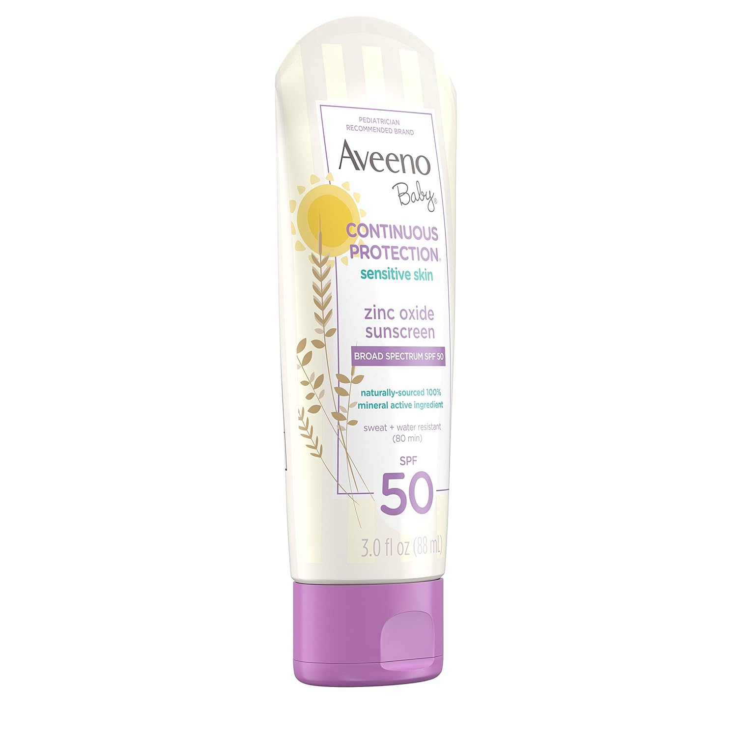 Aveeno Baby Continuous Protection Zinc Oxide Mineral Sunscreen Lotion for Sensitive Skin, Broad Spectrum SPF 50, Tear-Free, Sweat- & Water-Resistant, Paraben-Free, Travel-Size, 3 fl. oz-10