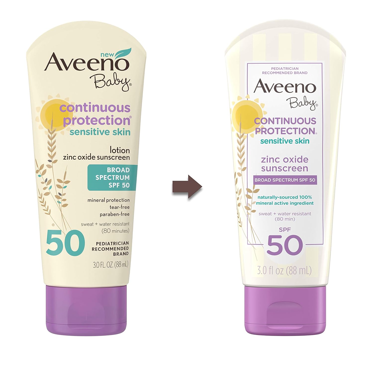 Aveeno Baby Continuous Protection Zinc Oxide Mineral Sunscreen Lotion for Sensitive Skin, Broad Spectrum SPF 50, Tear-Free, Sweat- & Water-Resistant, Paraben-Free, Travel-Size, 3 fl. oz-5