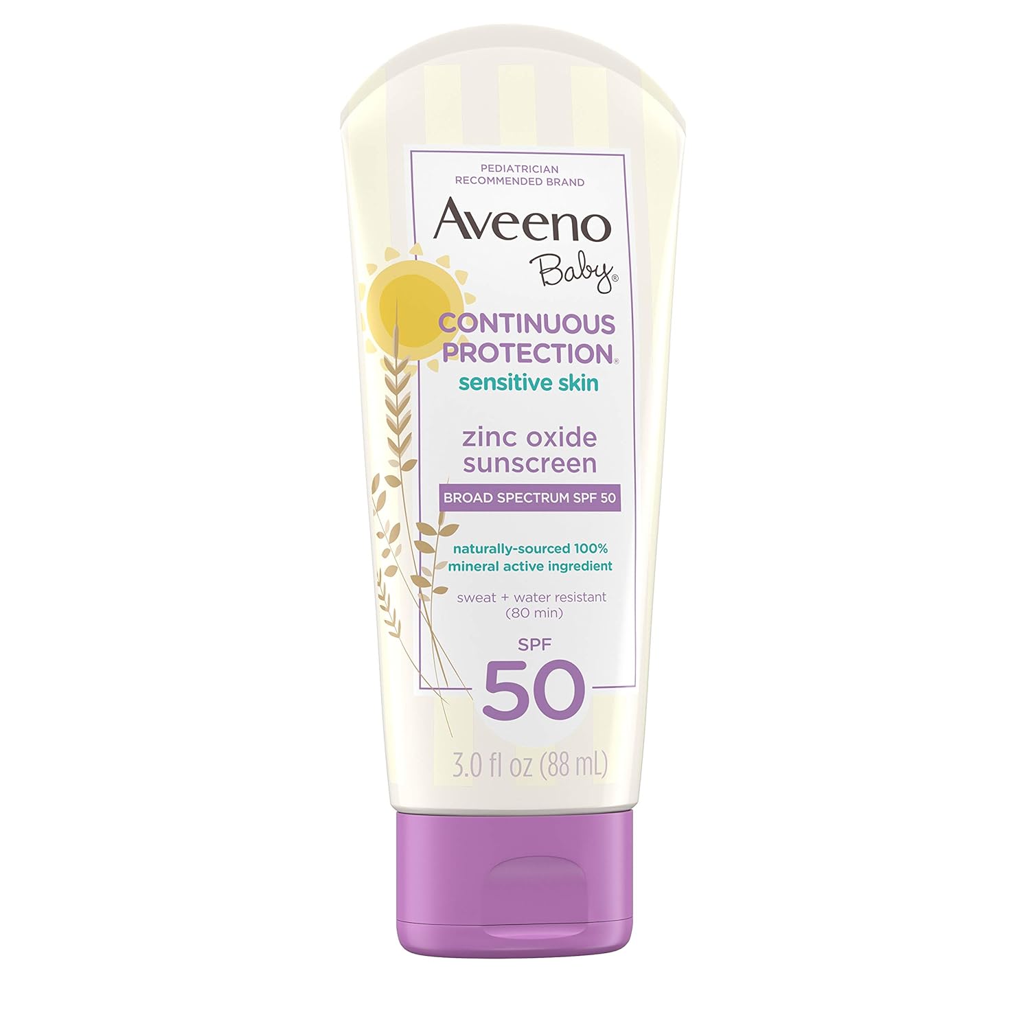 Aveeno Baby Continuous Protection Zinc Oxide Mineral Sunscreen Lotion for Sensitive Skin, Broad Spectrum SPF 50, Tear-Free, Sweat- & Water-Resistant, Paraben-Free, Travel-Size, 3 fl. oz-8