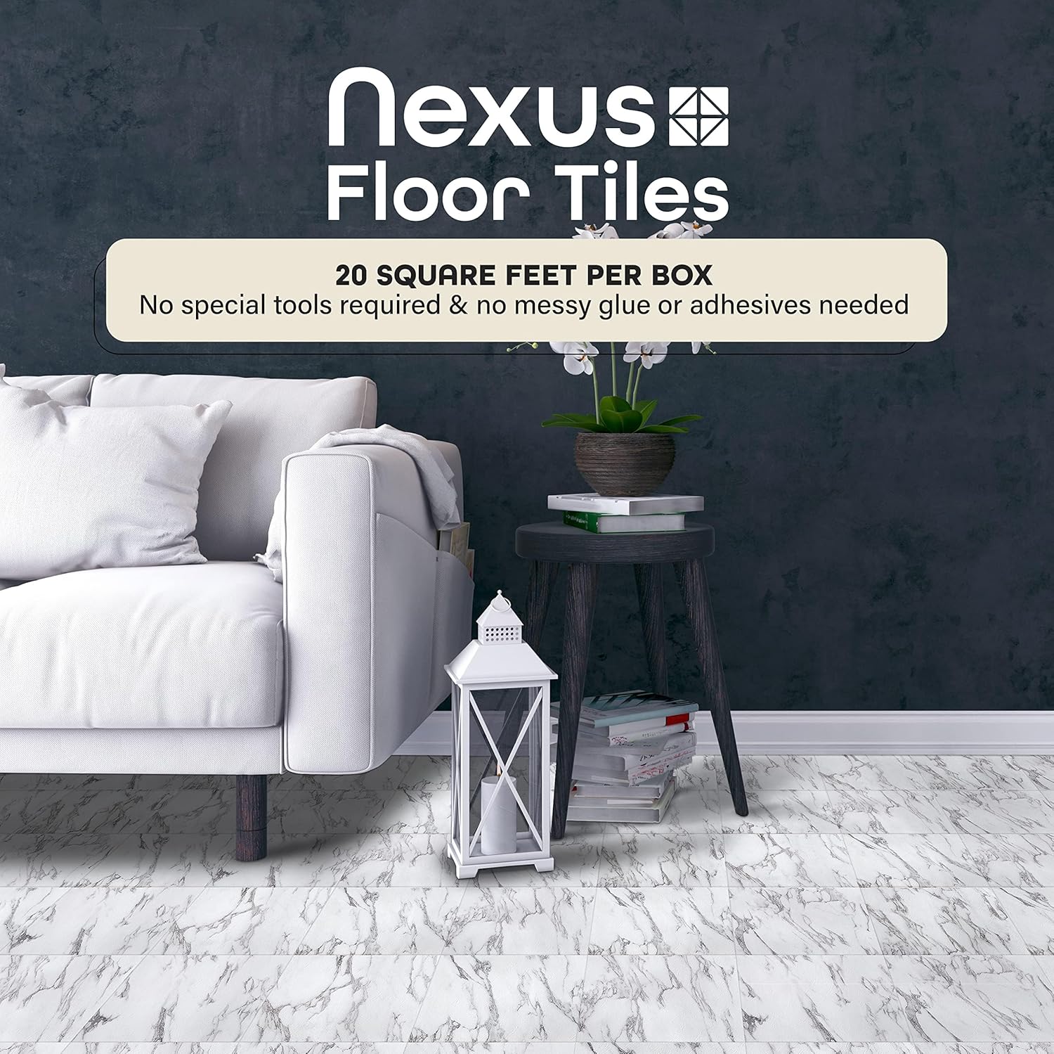 Nexus Self Adhesive 12-Inch Vinyl Floor Tiles, 20 Tiles - 12" x 12", Bianco Marble Pattern - Peel & Stick, DIY Flooring for Kitchen, Dining Room, Bedrooms & Bathrooms by Achim Home Decor-1