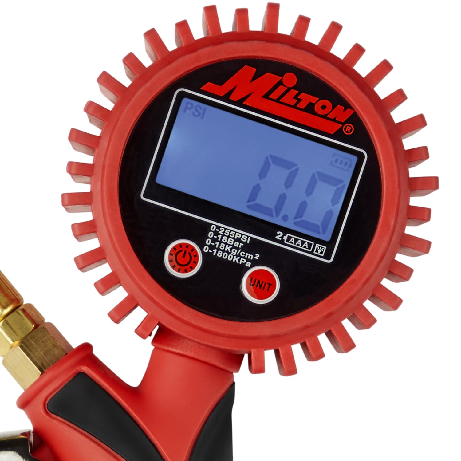 Milton Heavy-Duty Digital Tire Pressure Gauge with Inflator, Clip-on Air Chuck, 20” Air Hose, Easy to Read 0.1 Display, Pistol Grip Handle, Max 255 PSI, 1/4" NPT, S-568-1