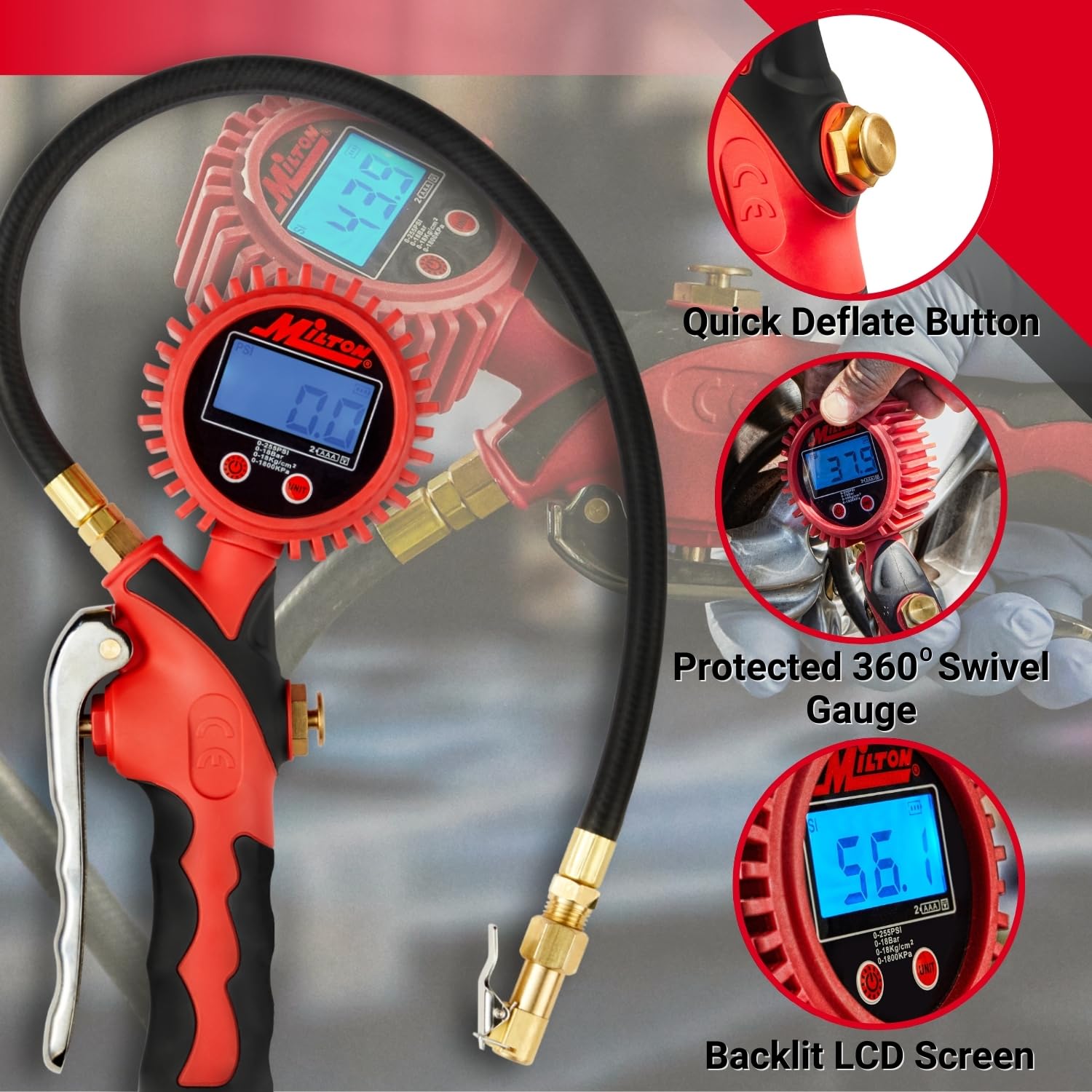 Milton Heavy-Duty Digital Tire Pressure Gauge with Inflator, Clip-on Air Chuck, 20” Air Hose, Easy to Read 0.1 Display, Pistol Grip Handle, Max 255 PSI, 1/4" NPT, S-568-5