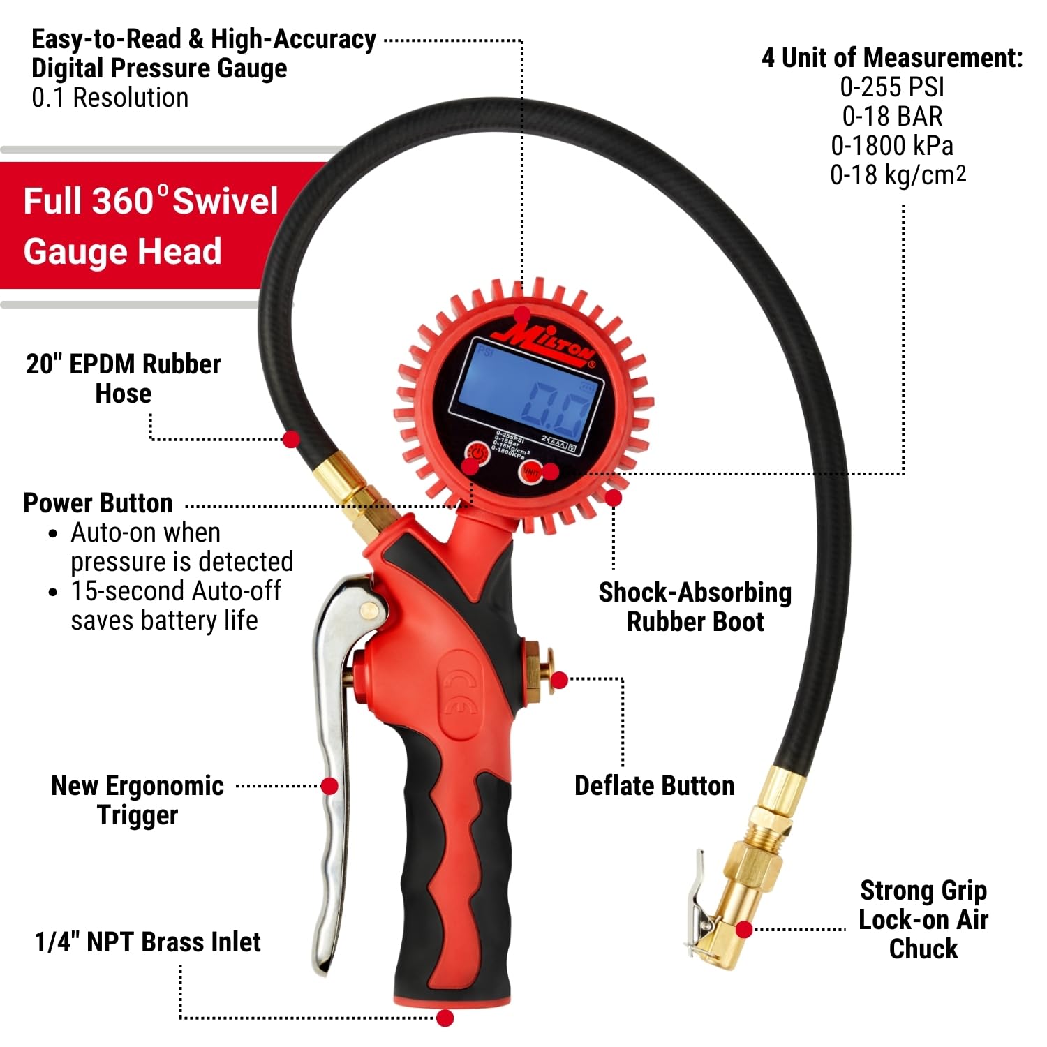 Milton Heavy-Duty Digital Tire Pressure Gauge with Inflator, Clip-on Air Chuck, 20” Air Hose, Easy to Read 0.1 Display, Pistol Grip Handle, Max 255 PSI, 1/4" NPT, S-568-7