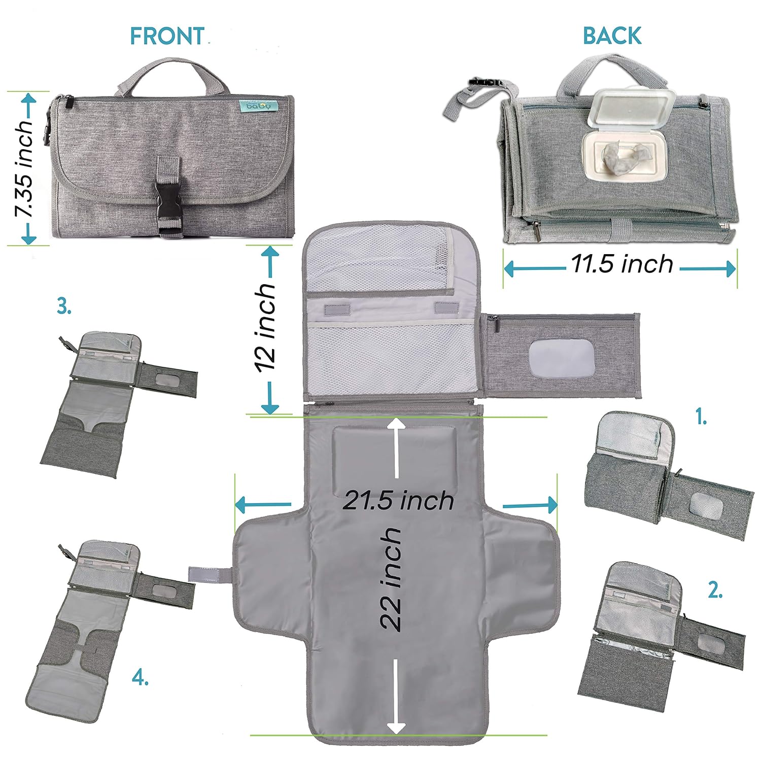 Portable Diaper Changing Pad, Portable Changing pad for Newborn Girl & Boy - Baby Changing Pad with Smart Wipes Pocket – Waterproof Travel Changing Kit - Baby Gift by Kopi Baby-4