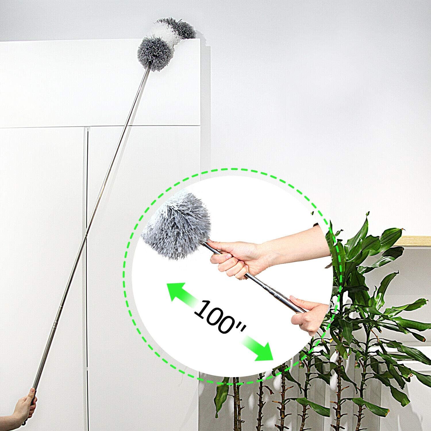 BOOMJOY Microfiber Feather Duster with Extendable Pole, 100" Telescoping Cobweb Duster for Cleaning, Bendable Head, Scratch-Resistant Cover, Washable Duster for Ceiling, Fan, Furniture Gray-1