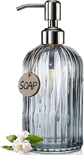 JASAI 18 Oz Vertical Stripes Kitchen Soap Dispenser with 304 Rust Proof Stainless Steel Pump, Refillable Liquid Soap Dispenser for Bathroom, Kitchen, Hand Soap, Dish Soap (Clear Grey)