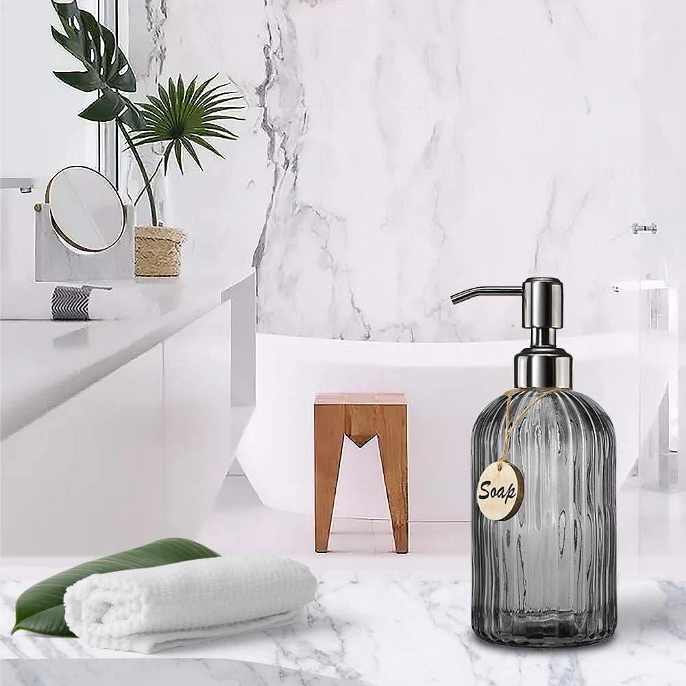 JASAI 18 Oz Vertical Stripes Kitchen Soap Dispenser with 304 Rust Proof Stainless Steel Pump, Refillable Liquid Soap Dispenser for Bathroom, Kitchen, Hand Soap, Dish Soap (Clear Grey)-4