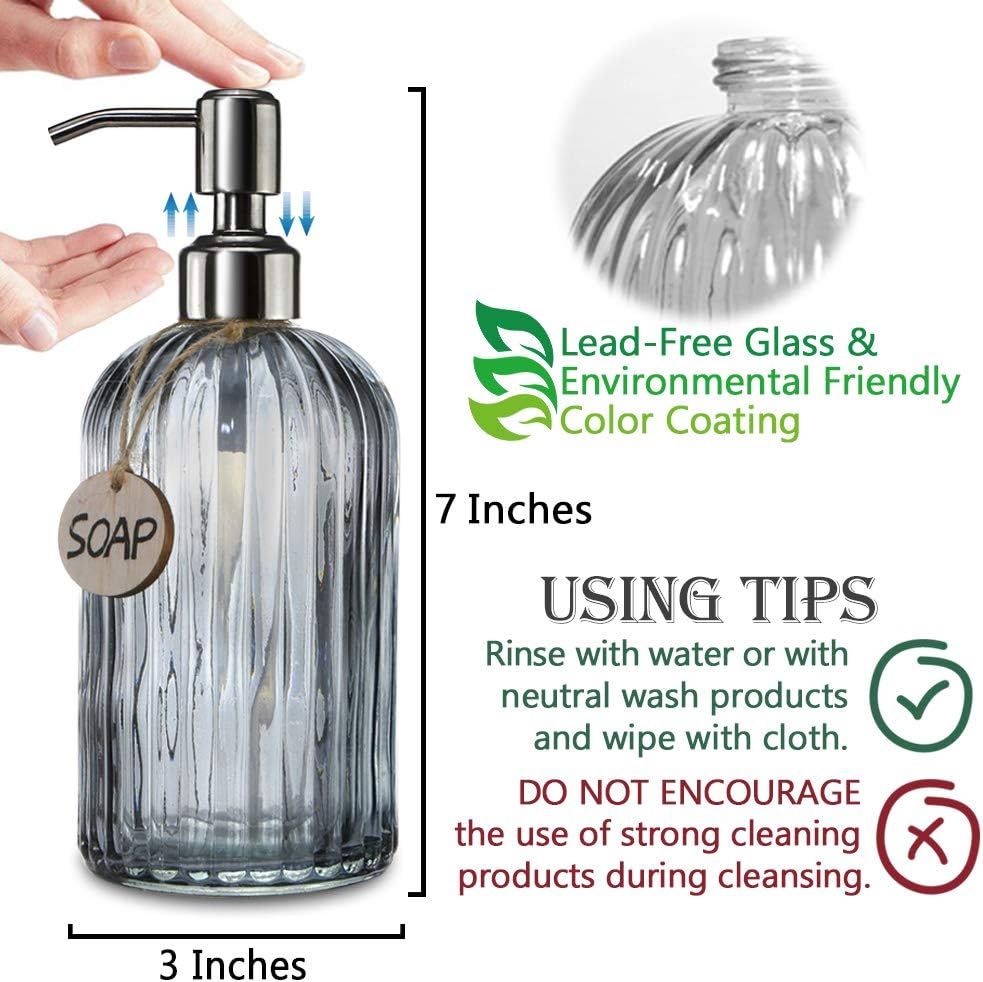 JASAI 18 Oz Vertical Stripes Kitchen Soap Dispenser with 304 Rust Proof Stainless Steel Pump, Refillable Liquid Soap Dispenser for Bathroom, Kitchen, Hand Soap, Dish Soap (Clear Grey)-6