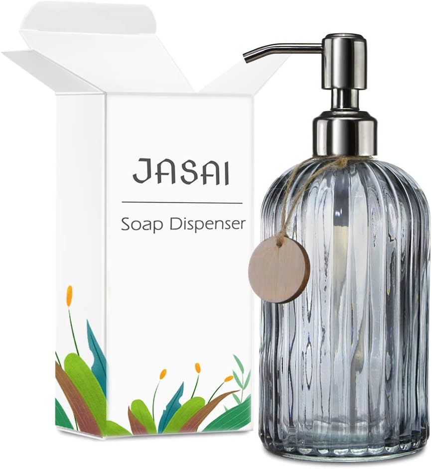 JASAI 18 Oz Vertical Stripes Kitchen Soap Dispenser with 304 Rust Proof Stainless Steel Pump, Refillable Liquid Soap Dispenser for Bathroom, Kitchen, Hand Soap, Dish Soap (Clear Grey)-7