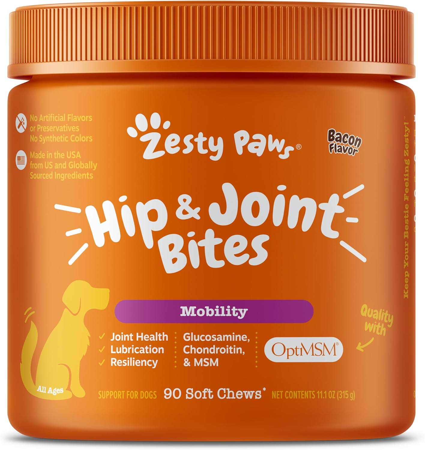 Zesty Paws Hip and Joint Supplement for Dogs - Glucosamine for Dog Joint Supplement - with Chondroitin, MSM, Vitamins C and E for Dog Joint Relief - Mobility Bites Bacon – 90 Count-0