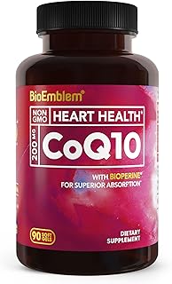 BioEmblem CoQ10 with BioPerine - 200mg Softgels, Superior Absorption - Coenzyme Q10 Antioxidant for Energy Production, Heart Health - Natural Form, Non-GMO CoQ10 Supplement - 90 Count