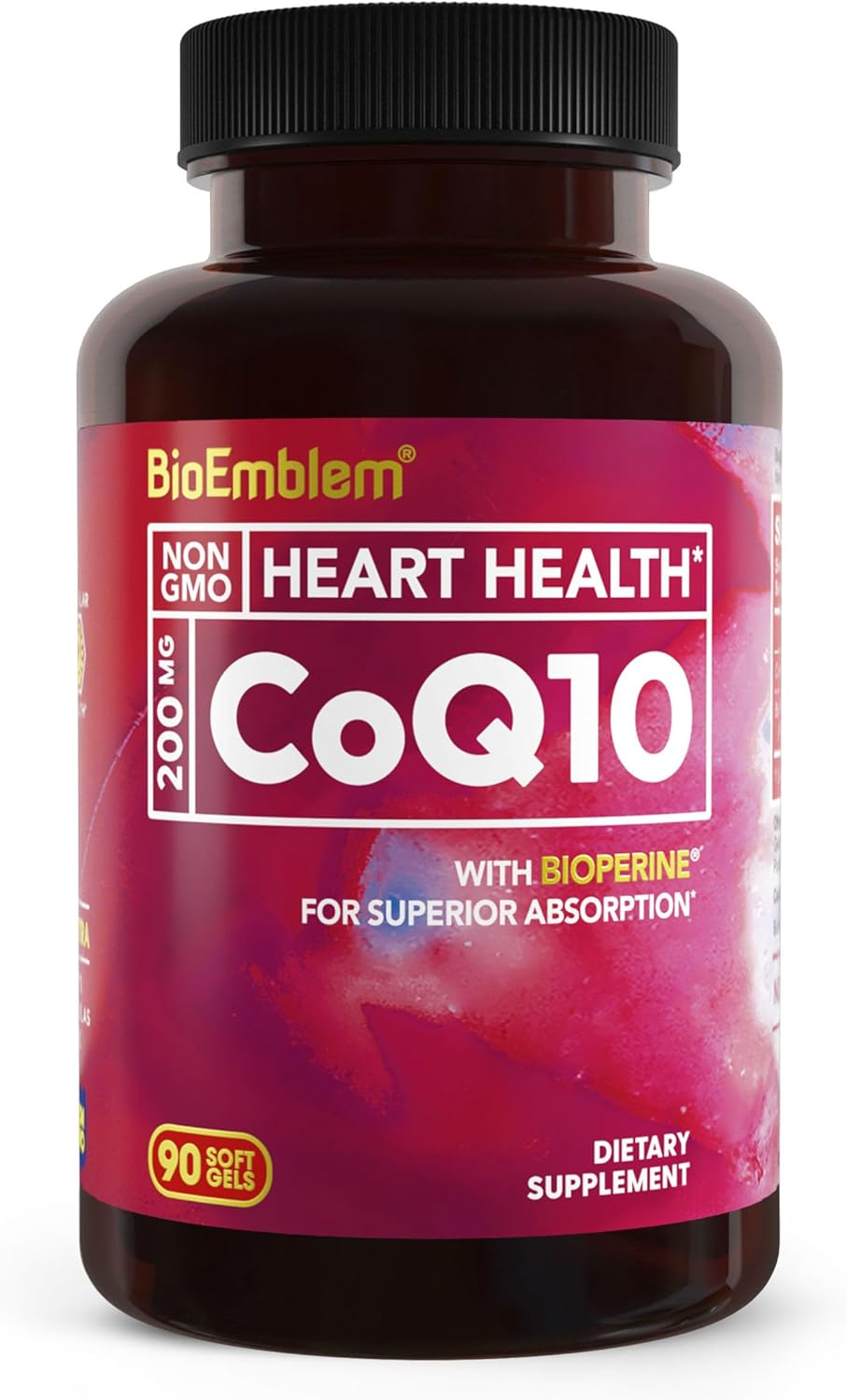 BioEmblem CoQ10 with BioPerine - 200mg Softgels, Superior Absorption - Coenzyme Q10 Antioxidant for Energy Production, Heart Health - Natural Form, Non-GMO CoQ10 Supplement - 90 Count-0