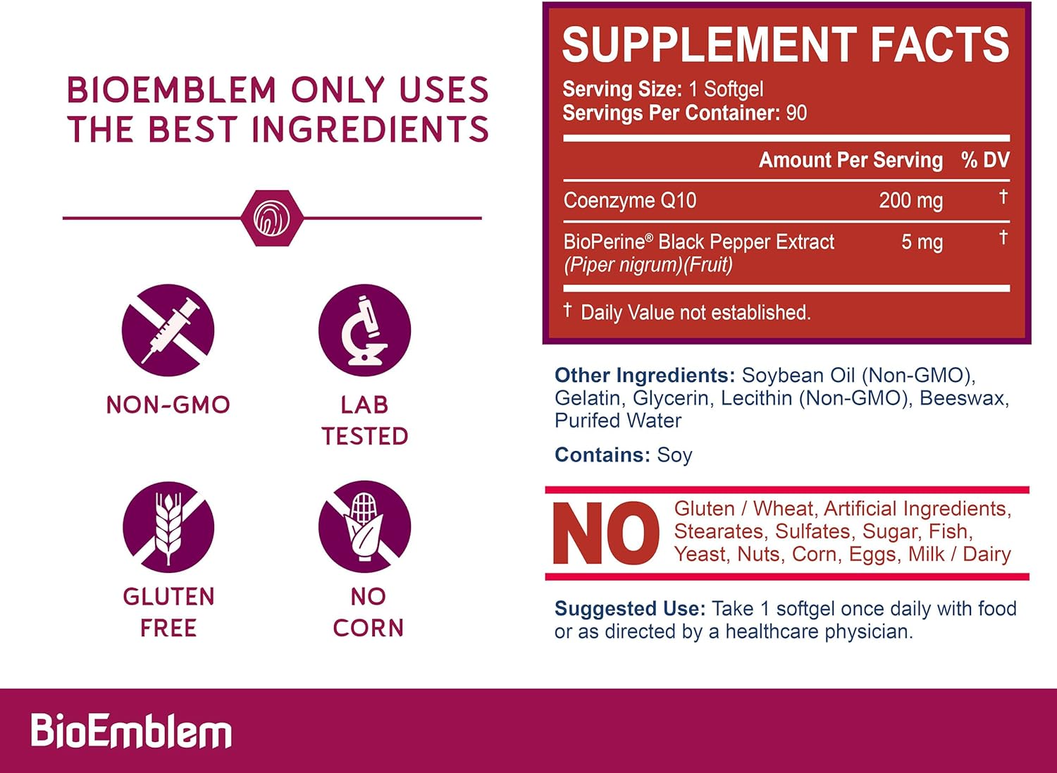 BioEmblem CoQ10 with BioPerine - 200mg Softgels, Superior Absorption - Coenzyme Q10 Antioxidant for Energy Production, Heart Health - Natural Form, Non-GMO CoQ10 Supplement - 90 Count-3