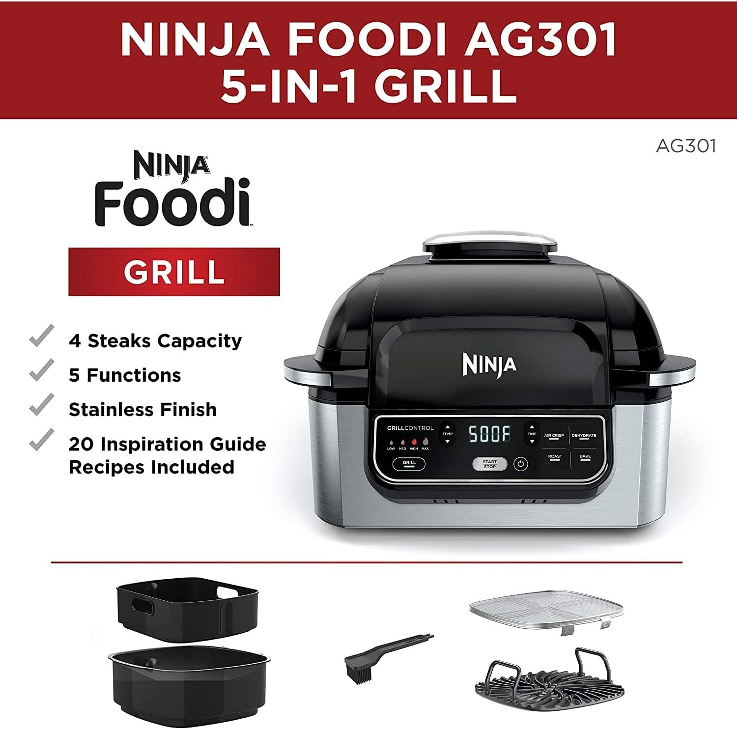 Ninja AG301 Foodi 5-in-1 Indoor Grill with Air Fry, Roast, Bake & Dehydrate, Black/Silver, 4-Quart Crisper Basket & 6-Quart Cooking Pot-1