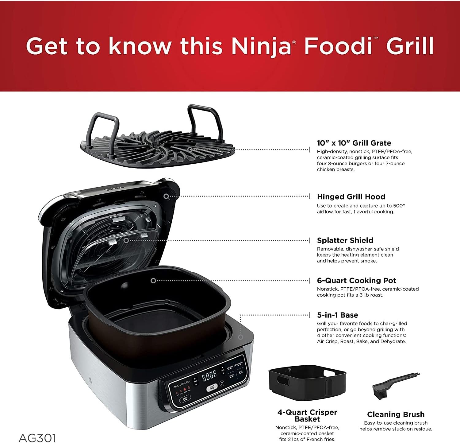 Ninja AG301 Foodi 5-in-1 Indoor Grill with Air Fry, Roast, Bake & Dehydrate, Black/Silver, 4-Quart Crisper Basket & 6-Quart Cooking Pot-3