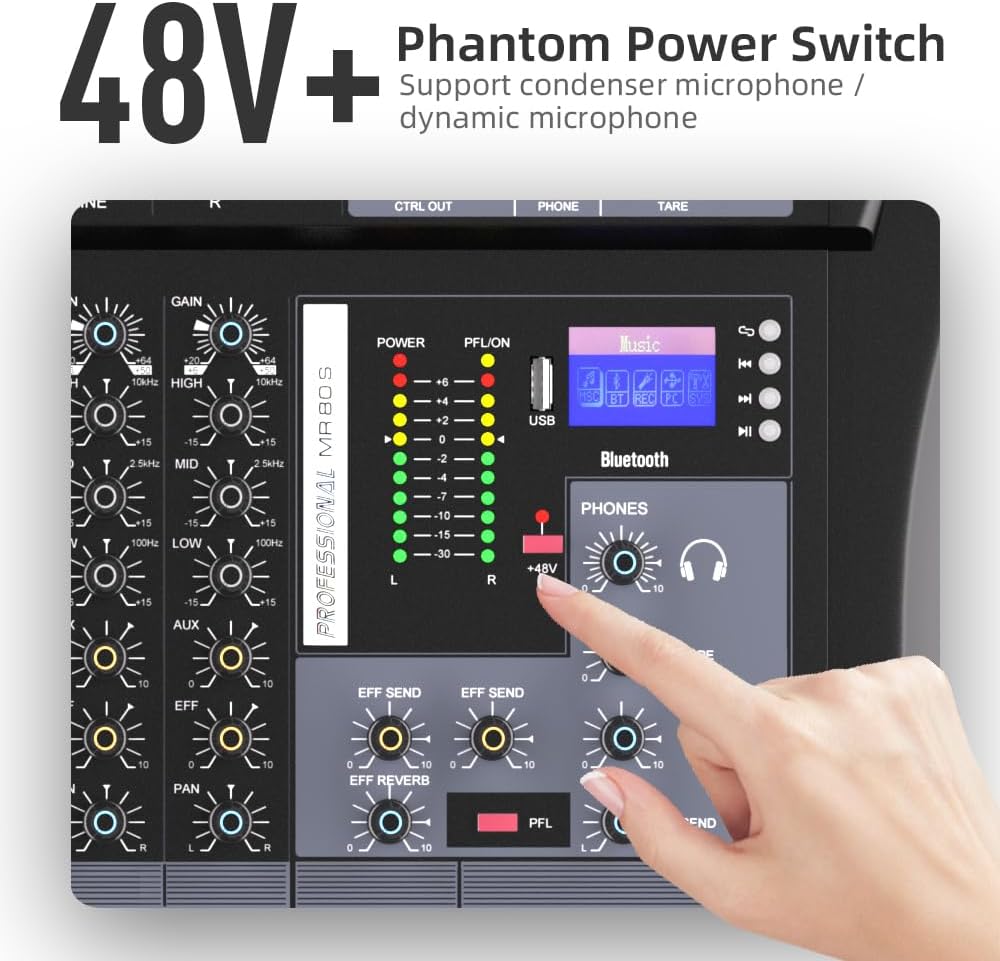 G-MARK MR80S Audio Mixer Interface USB Bluetooth Mixing Console 8 Channel 48V Phantom Power Sound Board Music Reverb For PC Stage DJ Studio Sound Controller Analog Mixer-4