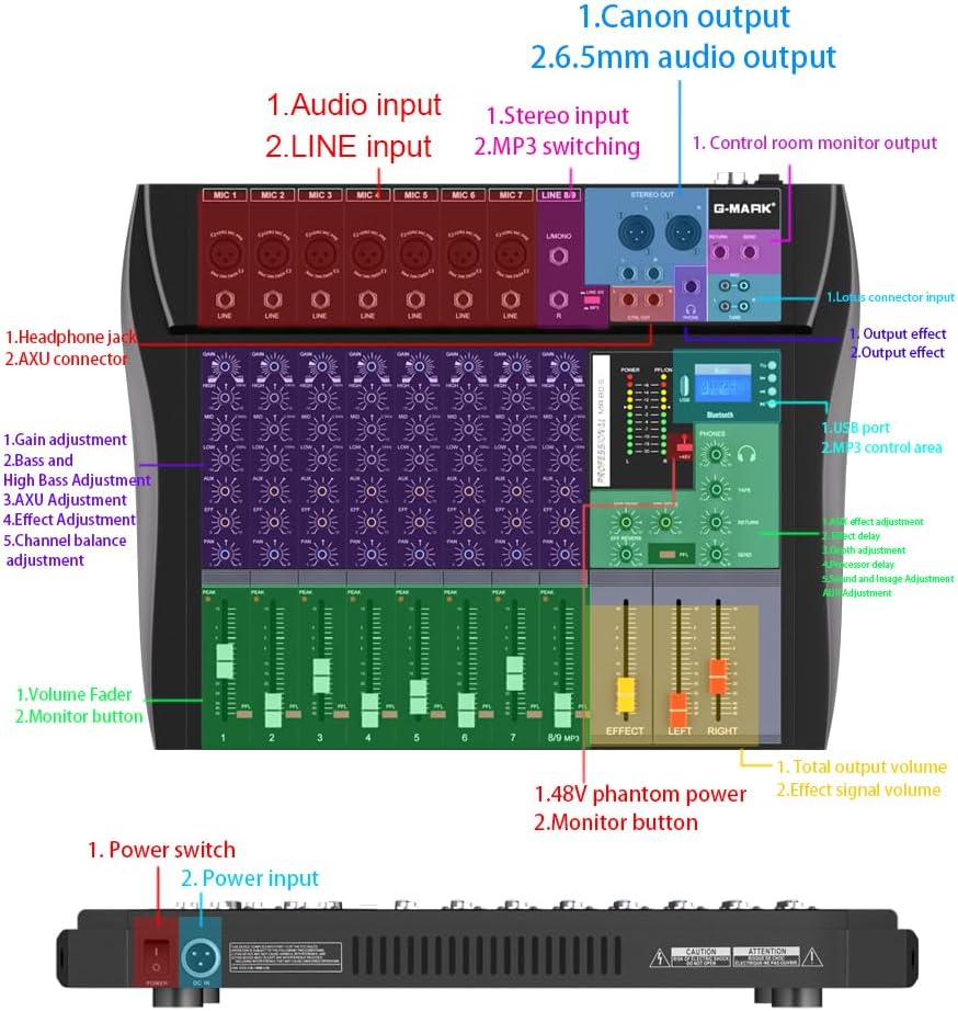 G-MARK MR80S Audio Mixer Interface USB Bluetooth Mixing Console 8 Channel 48V Phantom Power Sound Board Music Reverb For PC Stage DJ Studio Sound Controller Analog Mixer-9