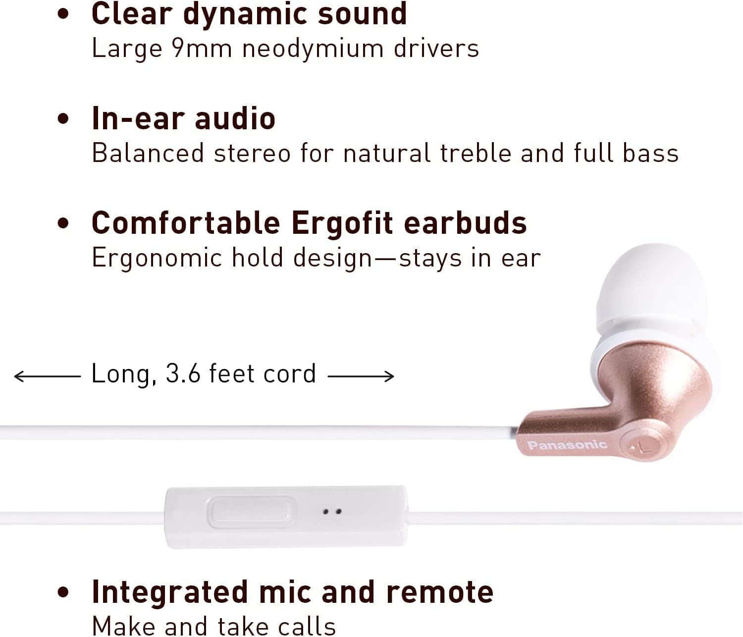 Panasonic ErgoFit Wired Earbuds, In-Ear Headphones with Microphone and Call Controller, Ergonomic Custom-Fit Earpieces (S/M/L), 3.5mm Jack for Phones and Laptops - RP-TCM125-N (Rose Gold)-1