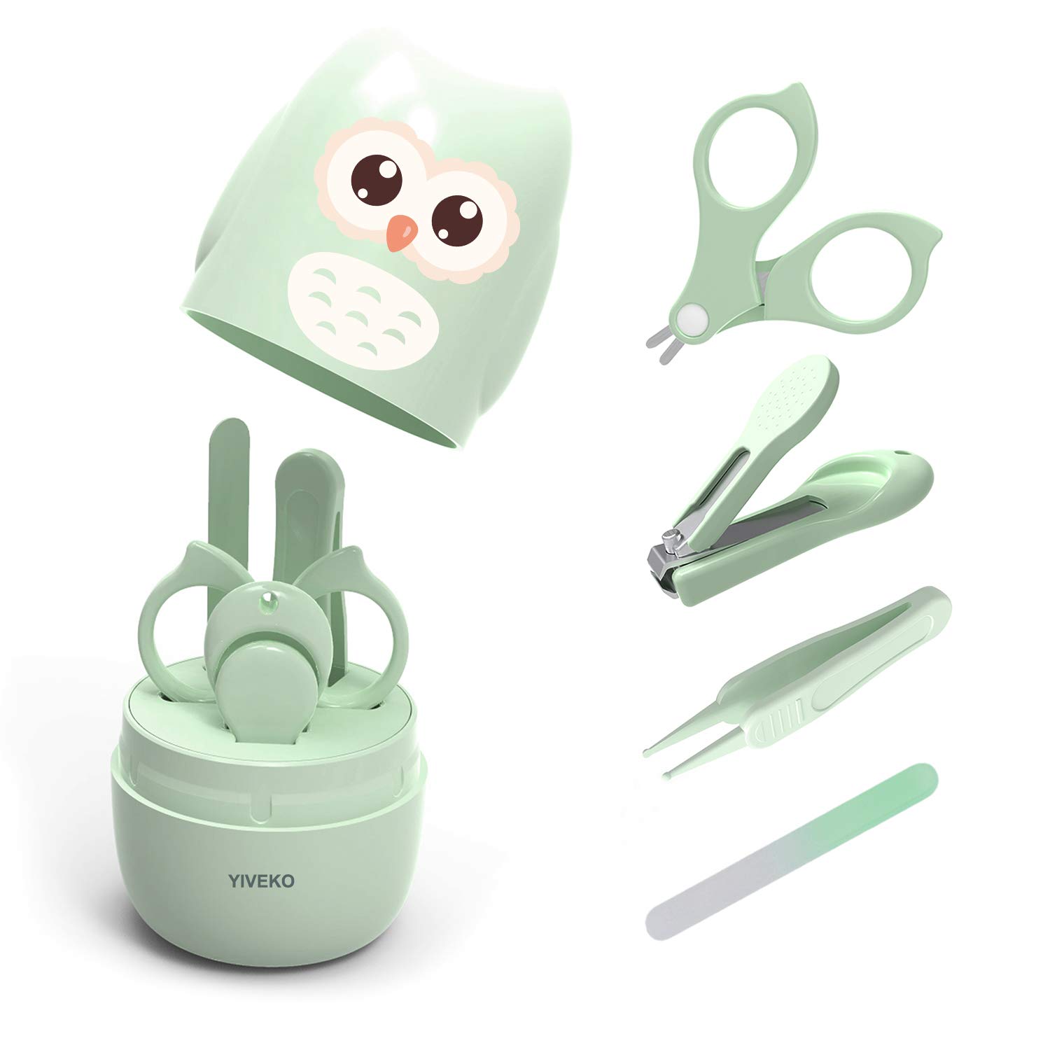 Baby Nail Kit, 4-in-1 Baby Nail Care Set with Cute Case, Baby Nail Clippers, Scissors, Nail File & Tweezers, Baby Manicure Kit and Pedicure kit for Newborn, Infant, Toddler, Kids-Owl Green-0