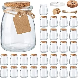 Brajttt Mini Yogurt Jars 30 Pack, 7 oz Glass Favor Jars with Cork Lids, Pudding Containers with Lids, Mason Jar Wedding Favors Honey Pot with Label Tags and String