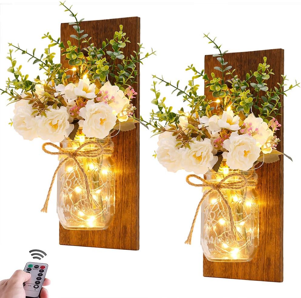 Rustic Wall Sconces Mason Jar Sconces Handmade Wall Art Hanging Design with Remote Control LED Fairy Lights and White Peony,Christmas Decor Gift Farmhouse Wall Home Decor Living Room Lights Set of Two-0