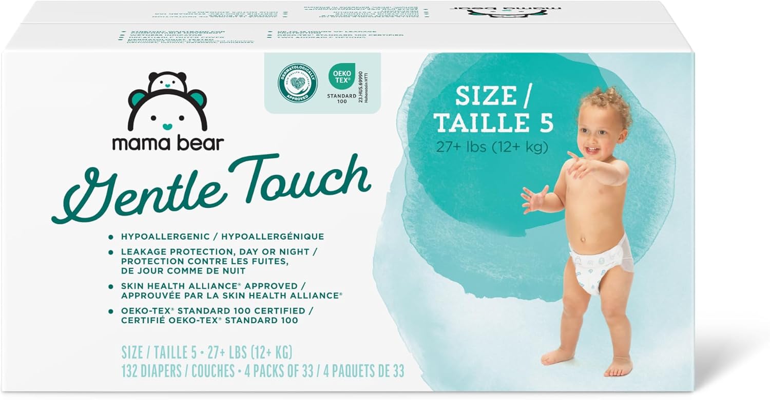 Amazon Brand - Mama Bear Gentle Touch Diapers, Hypoallergenic, Size 5, 132 Count (4 packs of 33), White-0