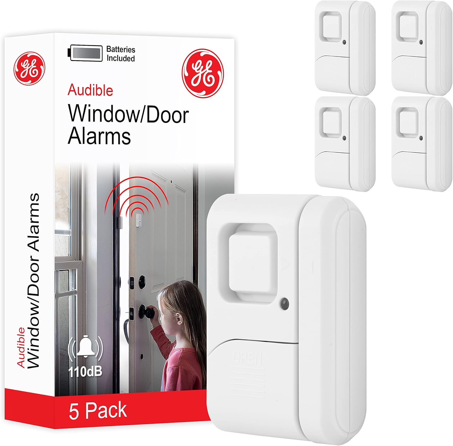 GE Personal Security Window and Door Alarm, 5 Pack, DIY Protection, Burglar Alert, Wireless Chime/Alarm, Easy Installation, Home Security, Ideal for Home, Garage, Apartment and More,White, 45987-0