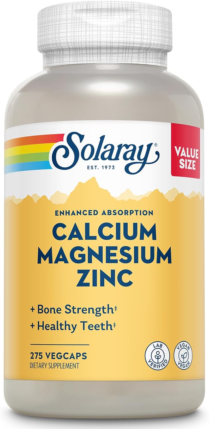 SOLARAY Calcium Magnesium Zinc Supplement - with Calcium 1000mg, Magnesium 500mg - Bone Health, Muscle Function, Heart Health and Immune Support - Vegan, 60 Day Guarantee, 68 Servings, 275 VegCaps-0